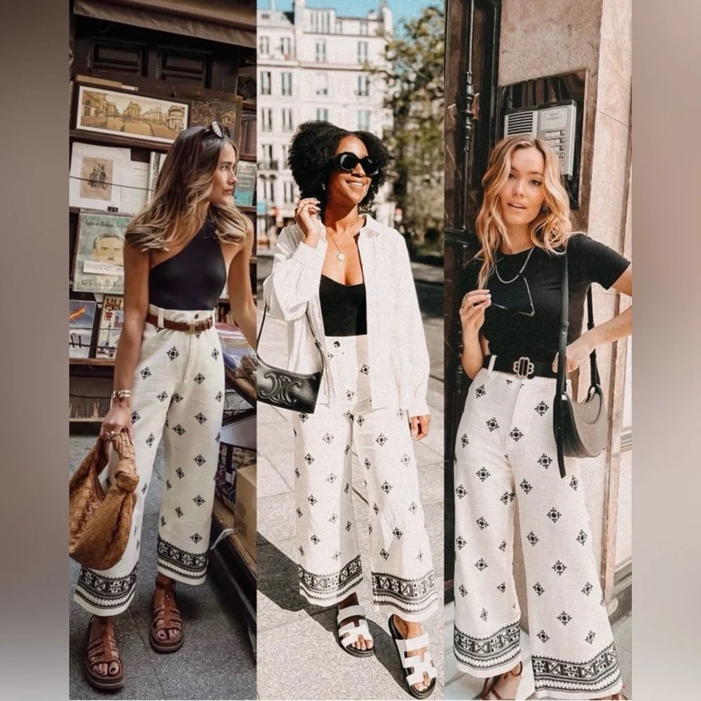 ZARA Linen Blend Embroidered Wide Leg Pants White Black Boho Resort S